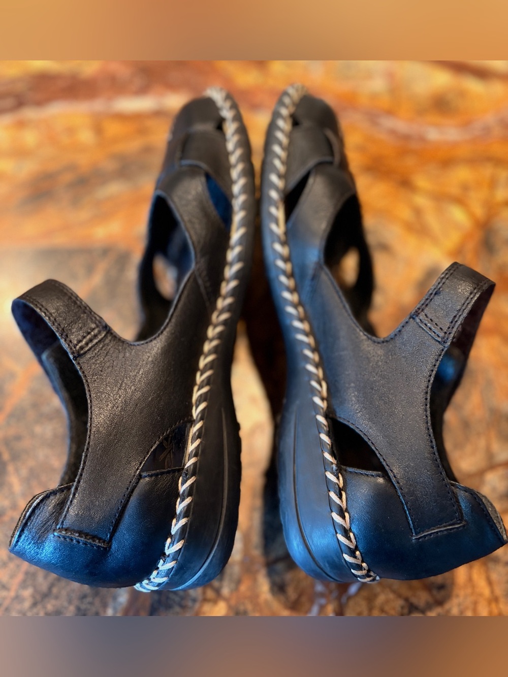 Rieker Black Mary Jane Leather Walking Sandals with Braided Sole Trim - Picture 5 of 8